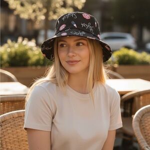 Black Lip Print Bucket Hat with Pink Accents